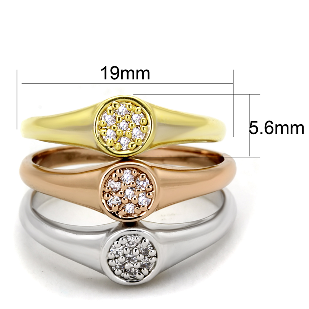 3W862 - Brass Ring Rhodium + Gold + Rose Gold Women AAA Grade CZ Clear