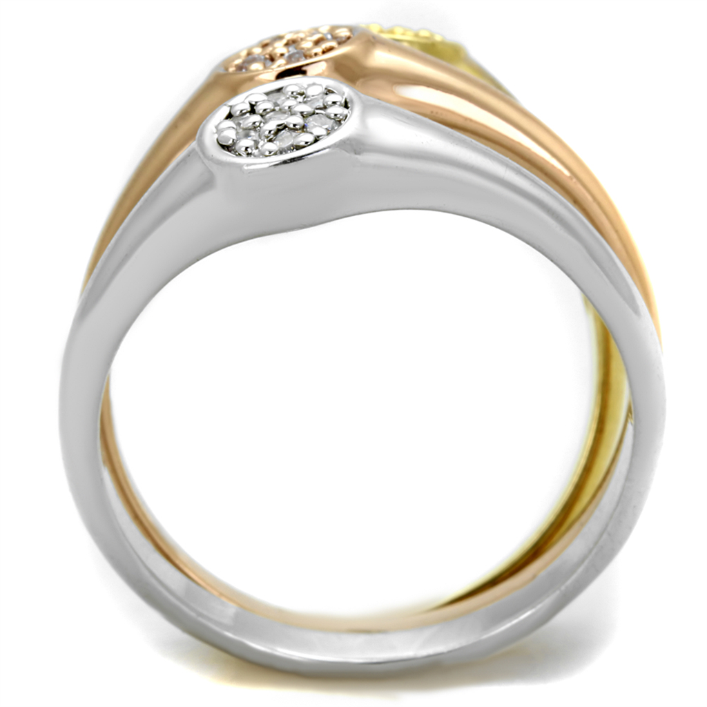 3W862 - Brass Ring Rhodium + Gold + Rose Gold Women AAA Grade CZ Clear