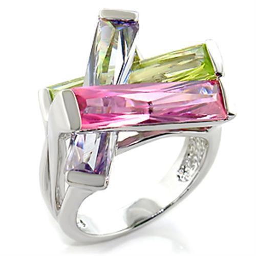 6X004 - Brass Ring Rhodium Women AAA Grade CZ Multi Color