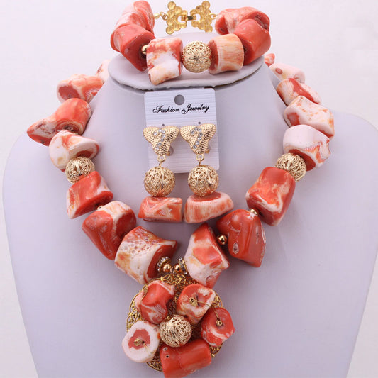 Dudo high fashion Nigerian African Jewelry Set, Women Necklace Set Luxury Earrings Bracelet Natural Coral Beads Set AG90