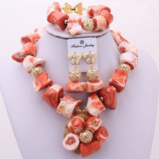 Dudo high fashion Nigerian African Jewelry Set, Women Necklace Set Luxury Earrings Bracelet Natural Coral Beads Set AG90