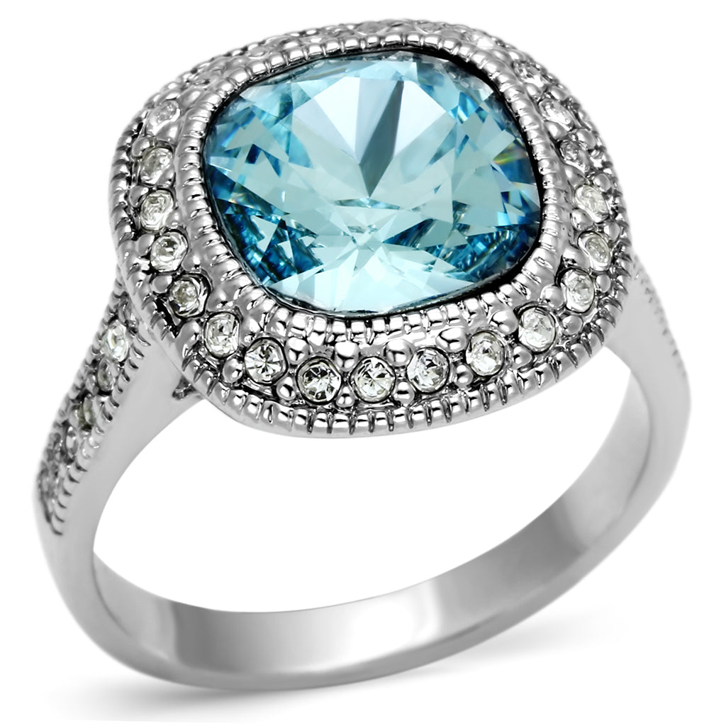 LO2506 - Brass Ring Rhodium Women Top Grade Crystal Sea Blue