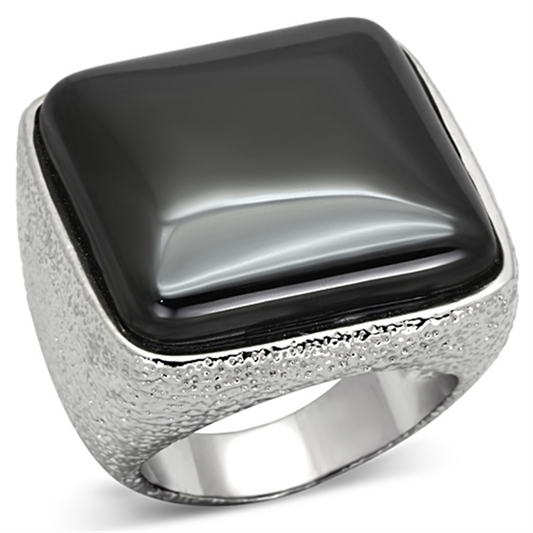 LO3045 - Brass Ring Rhodium Women Semi-Precious Jet