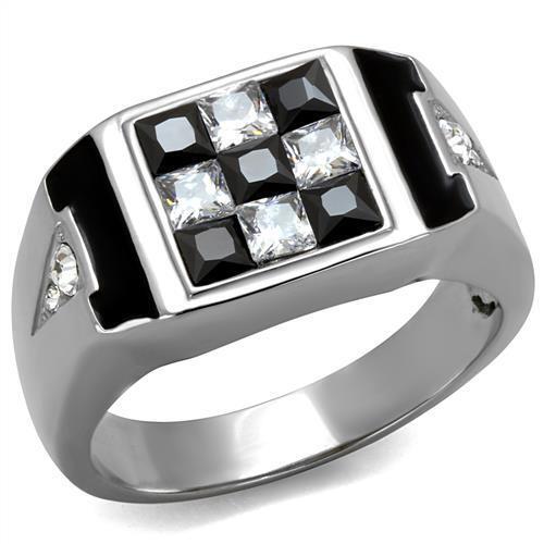 TK2663 - Stainless Steel Ring High polished (no plating) Men AAA Grade CZ Jet