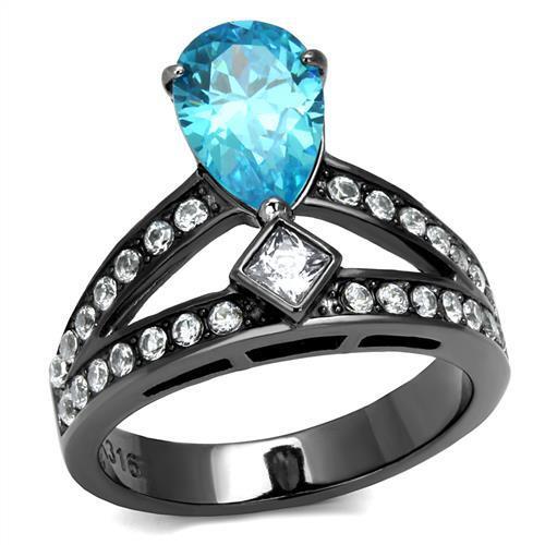 TK2775 - Stainless Steel Ring IP Light Black  (IP Gun) Women AAA Grade CZ Sea Blue