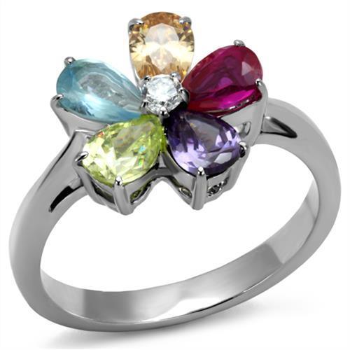 TK2867 - Stainless Steel Ring High polished (no plating) Women AAA Grade CZ Multi Color