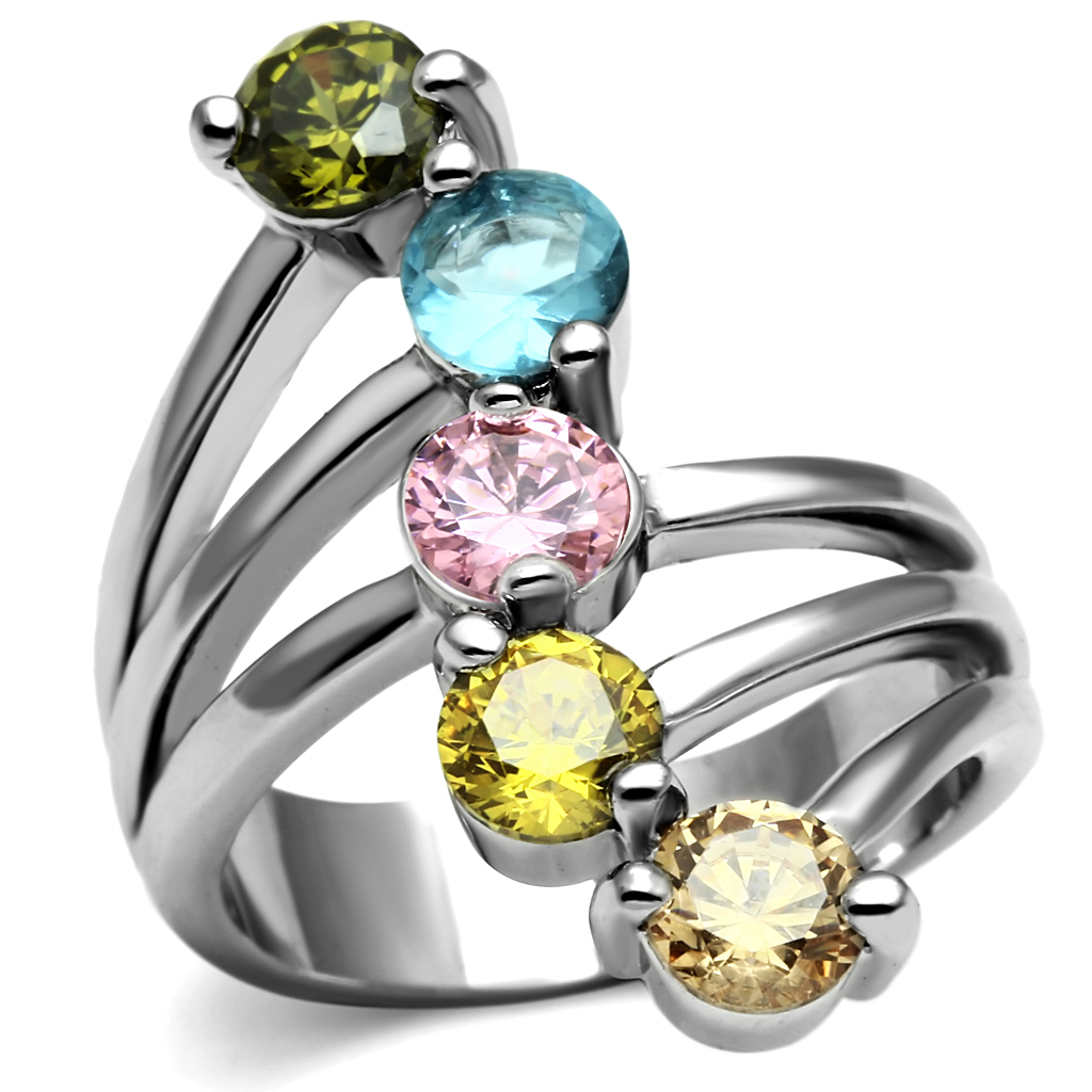 TK2876 - Stainless Steel Ring High polished (no plating) Women AAA Grade CZ Multi Color