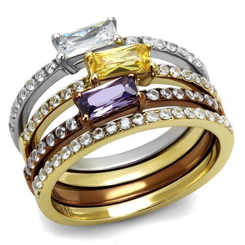 TK2960 - Stainless Steel Ring Three Tone IP?IP Gold & IP Light coffee & High Polished) Women AAA Grade CZ Multi Color