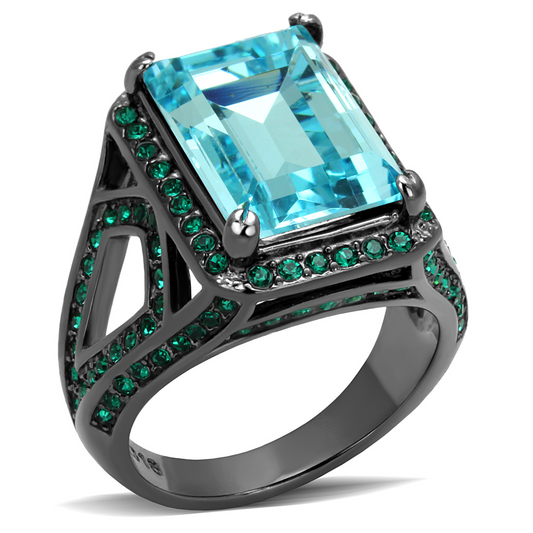 TK2988 - Stainless Steel Ring IP Light Black  (IP Gun) Women Top Grade Crystal Sea Blue