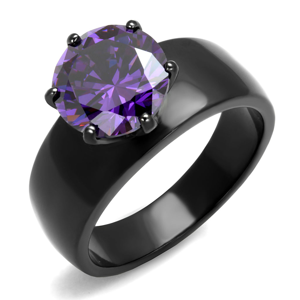 TK2999 - Stainless Steel Ring IP Black(Ion Plating) Women AAA Grade CZ Amethyst