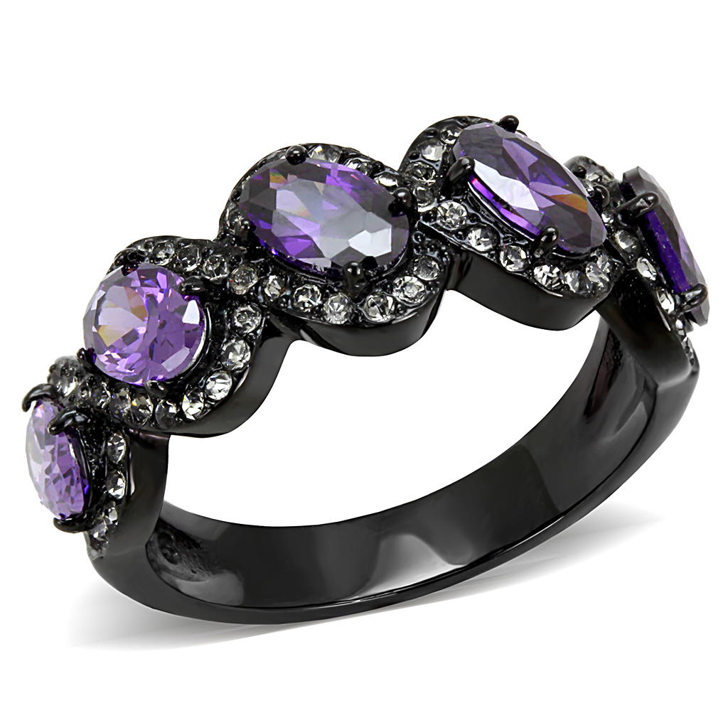 TK3051 - Stainless Steel Ring IP Black(Ion Plating) Women AAA Grade CZ Amethyst