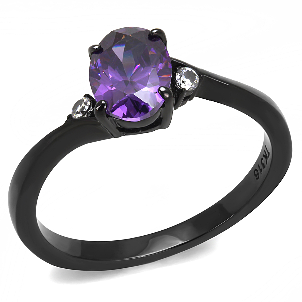 TK3063 - Stainless Steel Ring IP Black(Ion Plating) Women AAA Grade CZ Amethyst