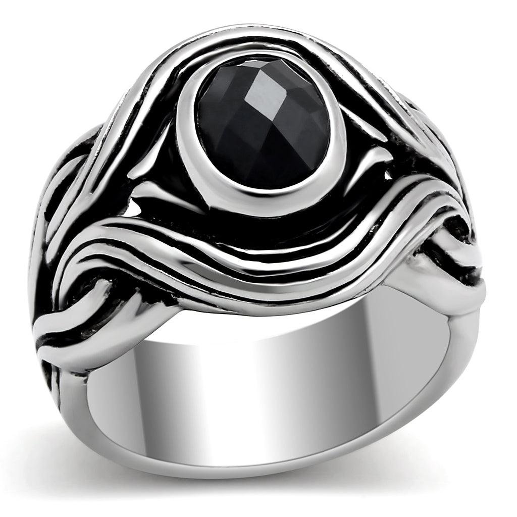 TK307 - Stainless Steel Ring High polished (no plating) Men AAA Grade CZ Jet