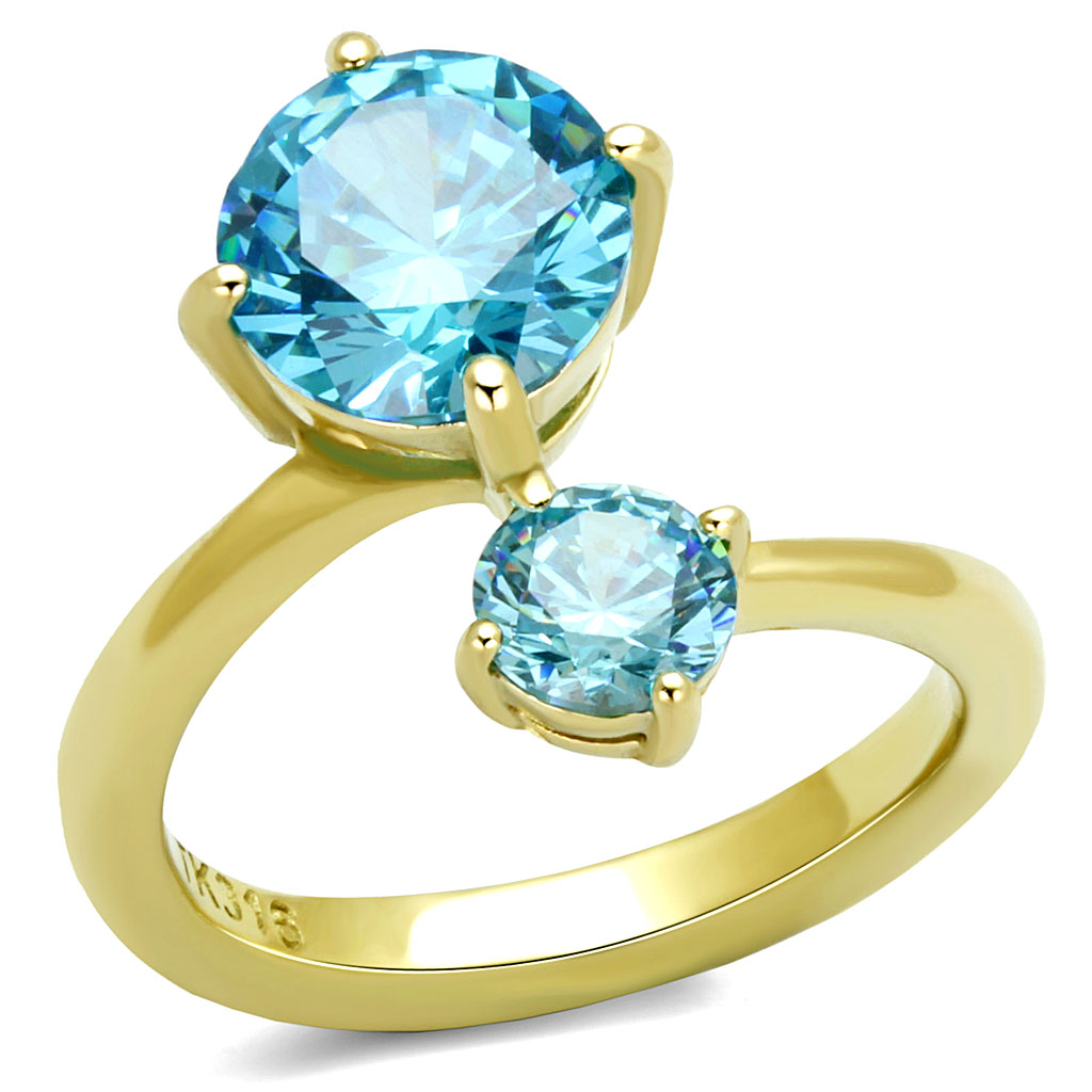 TK3092 - Stainless Steel Ring IP Gold(Ion Plating) Women AAA Grade CZ Sea Blue