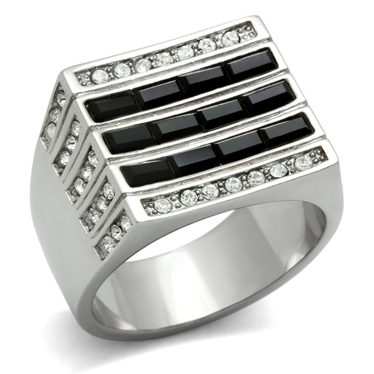 TK321 - Stainless Steel Ring High polished (no plating) Men Top Grade Crystal Jet