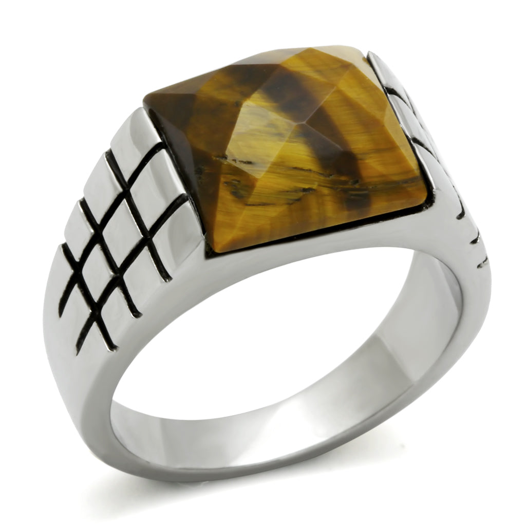 TK324 - Stainless Steel Ring High polished (no plating) Men Semi-Precious Smoked Quartz