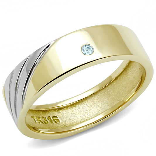 TK3267 - Stainless Steel Ring Two-Tone IP Gold (Ion Plating) Men Top Grade Crystal Sea Blue