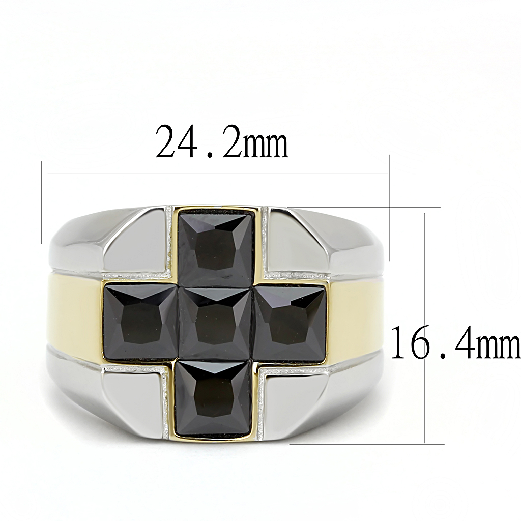 TK3271 - Stainless Steel Ring Two-Tone IP Gold (Ion Plating) Men AAA Grade CZ Black Diamond