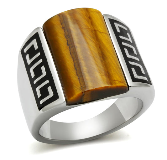 TK328 - Stainless Steel Ring High polished (no plating) Men Semi-Precious Smoked Quartz