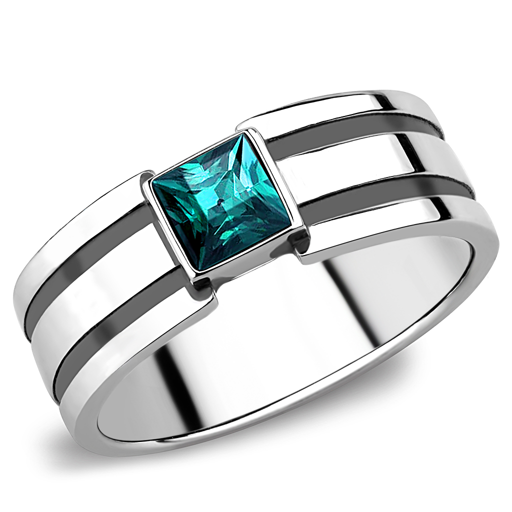 TK3291 - Stainless Steel Ring High polished (no plating) Men Top Grade Crystal Blue Zircon