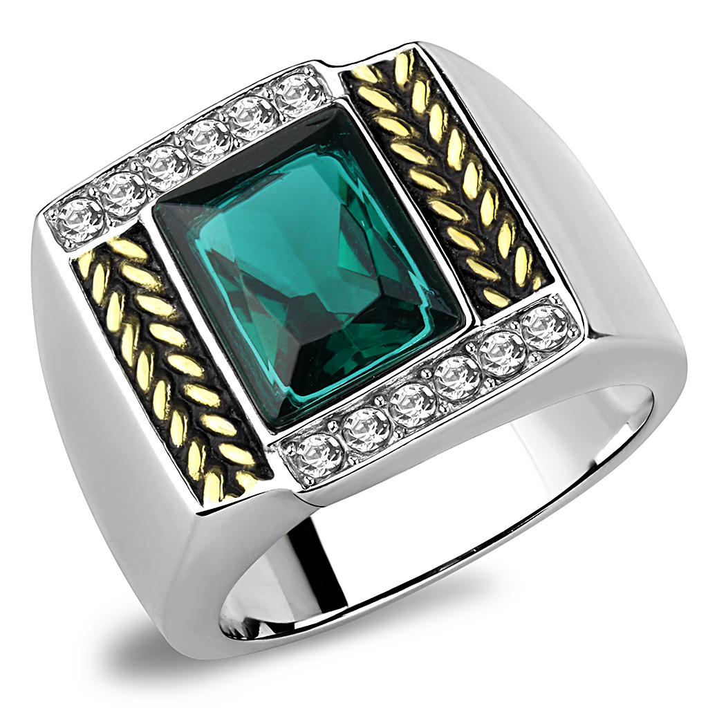 TK3295 - Stainless Steel Ring Two-Tone IP Gold (Ion Plating) Men Synthetic Blue Zircon