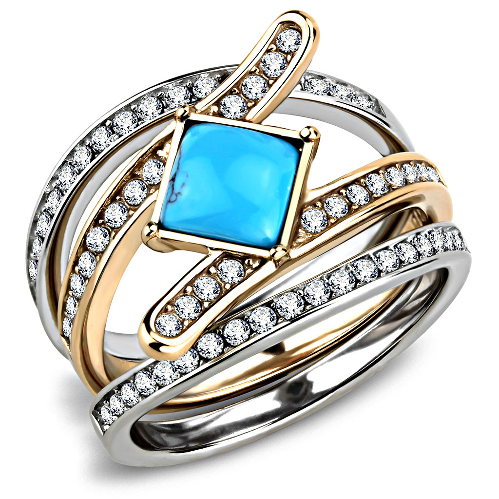 TK3519 - Stainless Steel Ring Two-Tone IP Rose Gold Women Synthetic Sea Blue