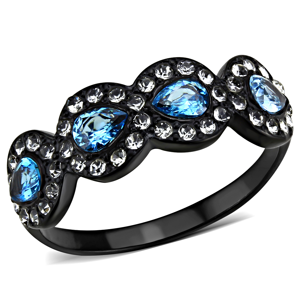 TK3559 - Stainless Steel Ring IP Black(Ion Plating) Women AAA Grade CZ Sea Blue