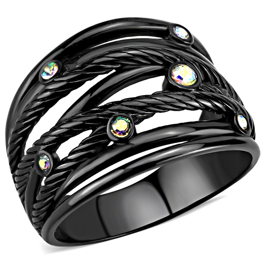 TK3566 - Stainless Steel Ring IP Black(Ion Plating) Women Top Grade Crystal Aurora Borealis (Rainbow Effect)