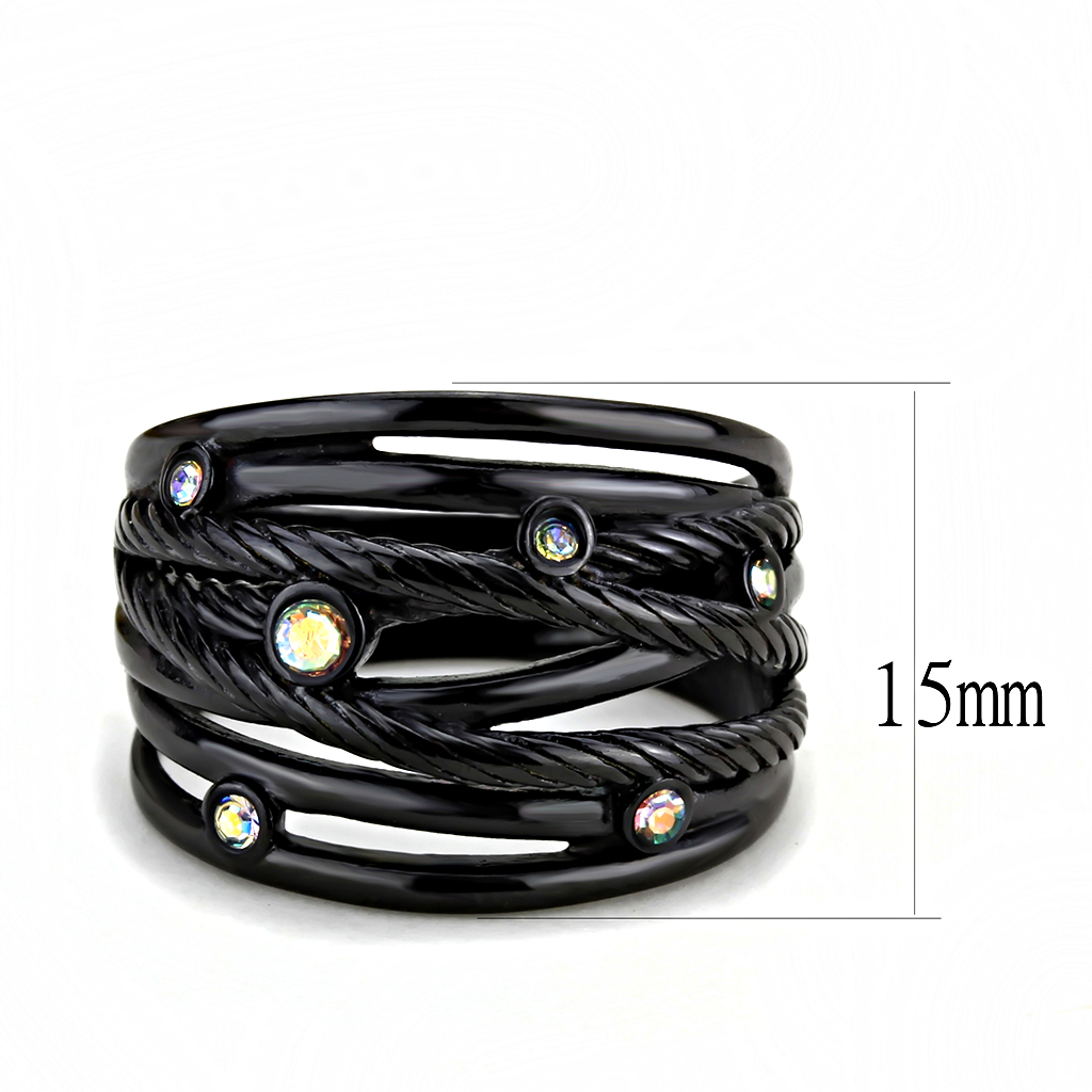 TK3566 - Stainless Steel Ring IP Black(Ion Plating) Women Top Grade Crystal Aurora Borealis (Rainbow Effect)