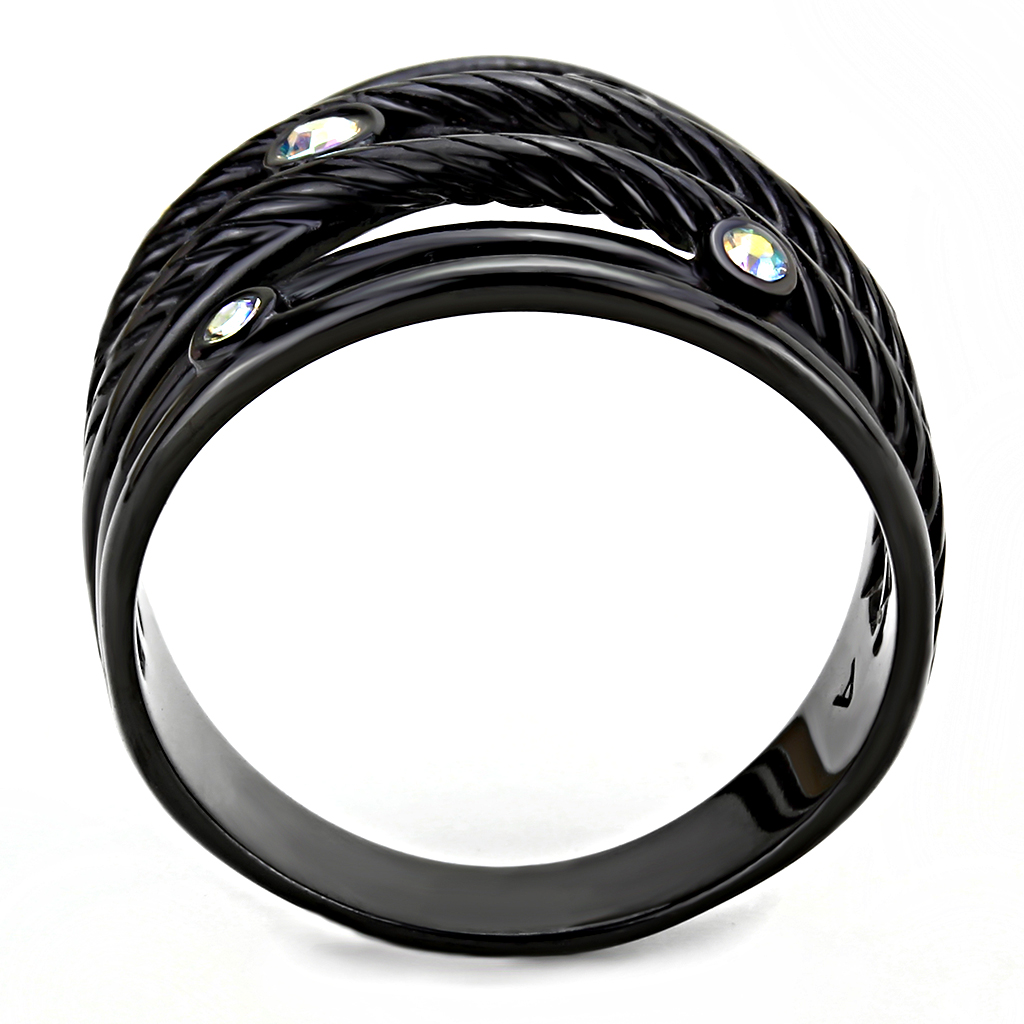 TK3566 - Stainless Steel Ring IP Black(Ion Plating) Women Top Grade Crystal Aurora Borealis (Rainbow Effect)