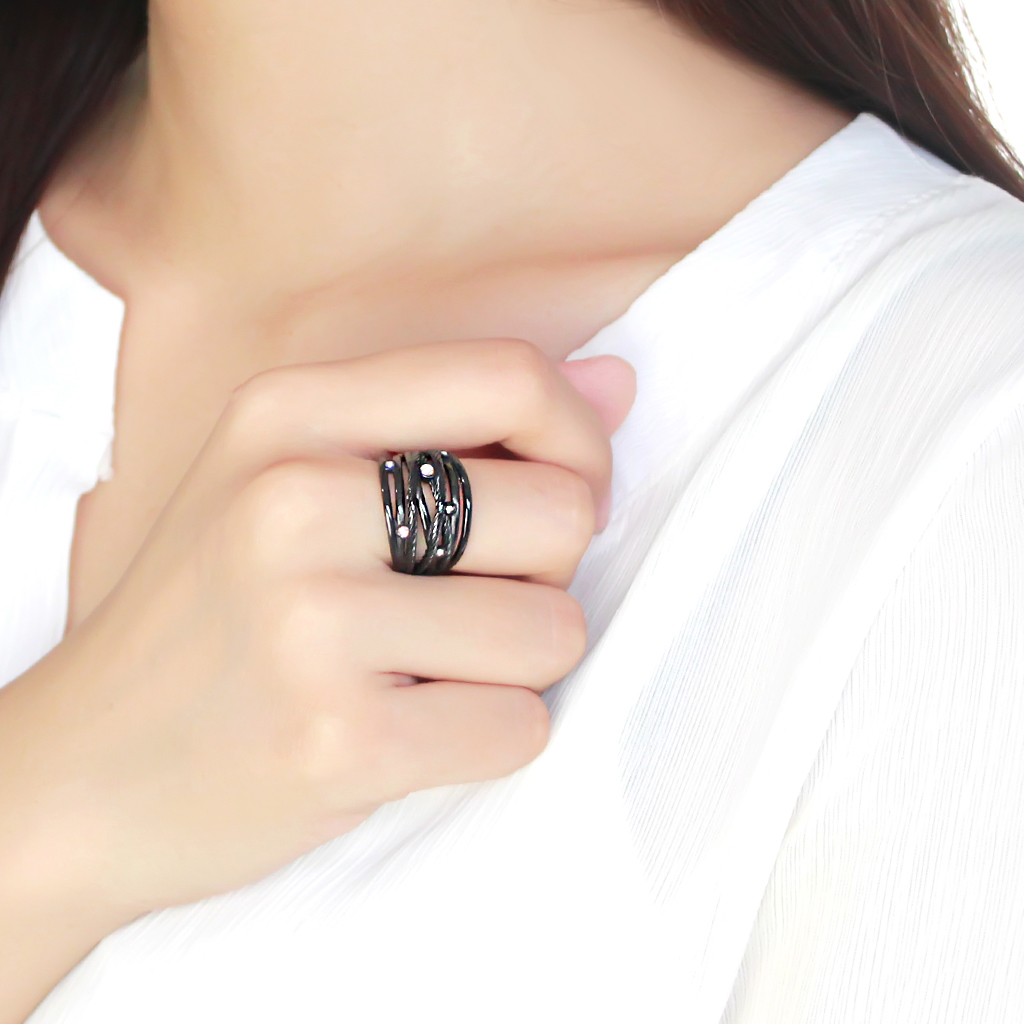 TK3566 - Stainless Steel Ring IP Black(Ion Plating) Women Top Grade Crystal Aurora Borealis (Rainbow Effect)