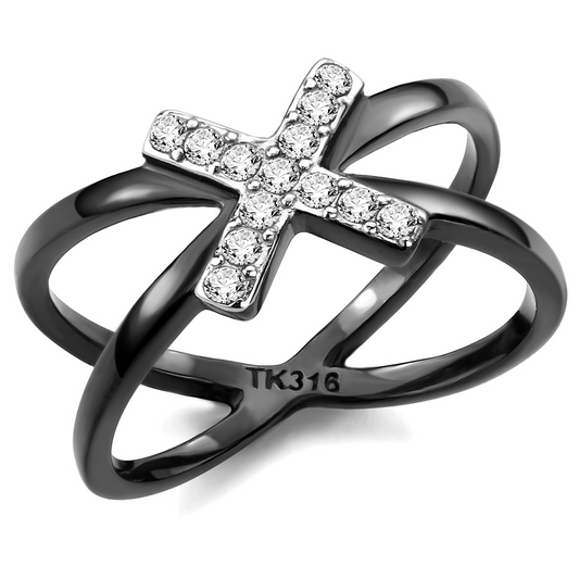 TK3635 - Stainless Steel Ring Two-Tone IP Black (Ion Plating) Women AAA Grade CZ Clear