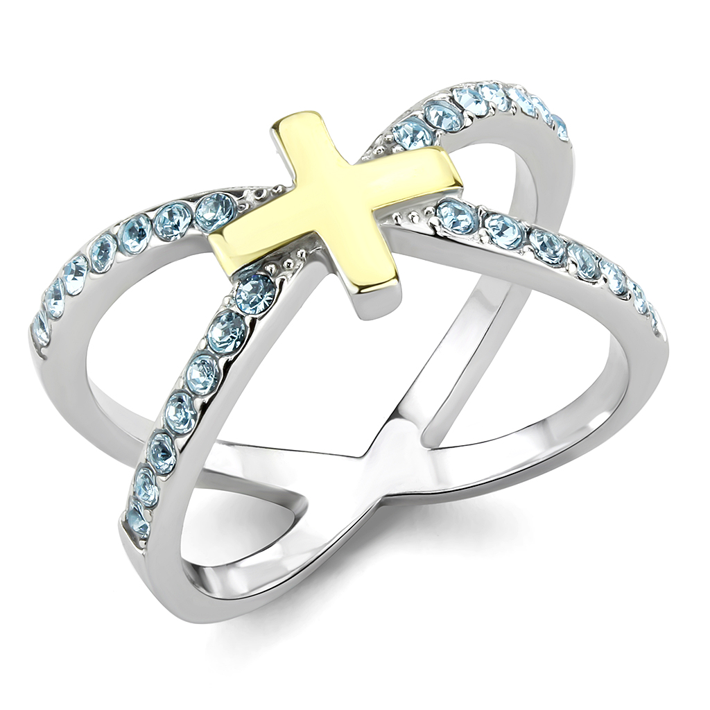 TK3636 - Stainless Steel Ring Two-Tone IP Gold (Ion Plating) Women Top Grade Crystal Sea Blue