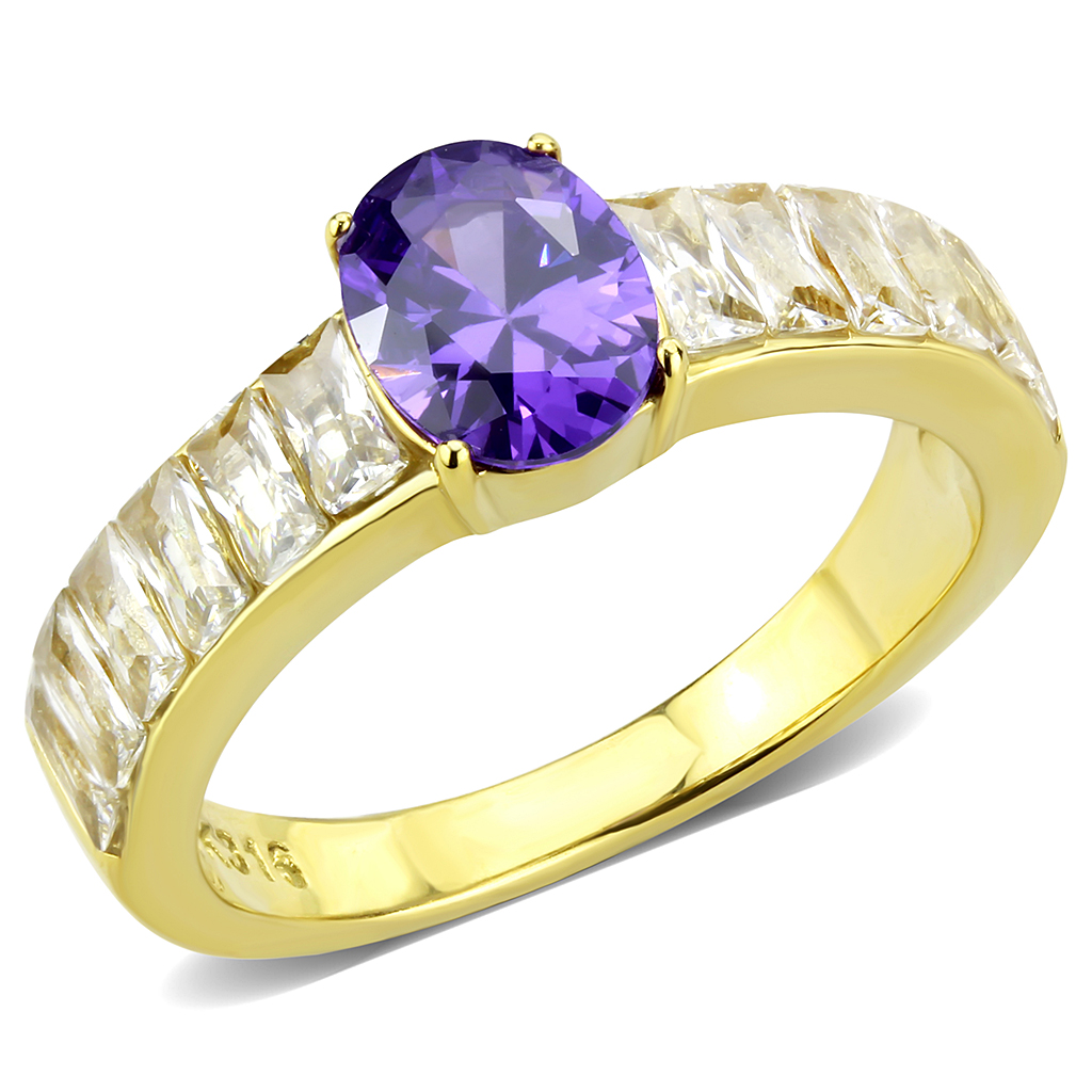 TK3641 - Stainless Steel Ring IP Gold(Ion Plating) Women AAA Grade CZ Tanzanite