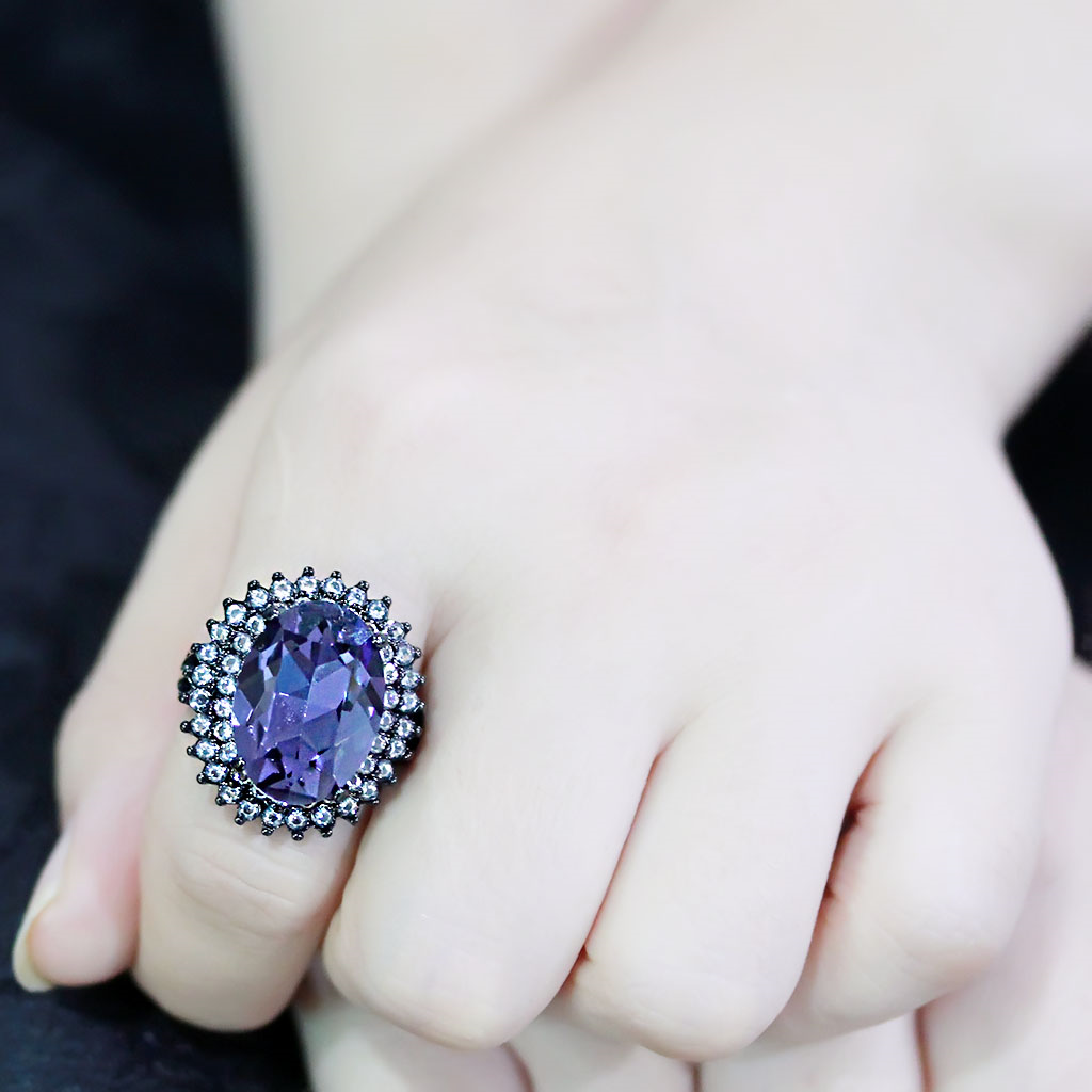 TK3687 - Stainless Steel Ring IP Black(Ion Plating) Women Top Grade Crystal Tanzanite