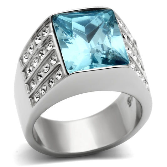 TK394 - Stainless Steel Ring High polished (no plating) Women Synthetic Sea Blue