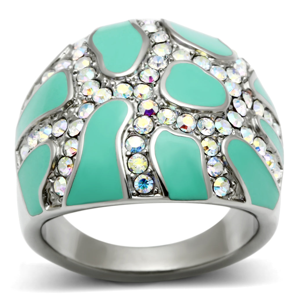 TK507 - Stainless Steel Ring High polished (no plating) Women Top Grade Crystal Aurora Borealis (Rainbow Effect)