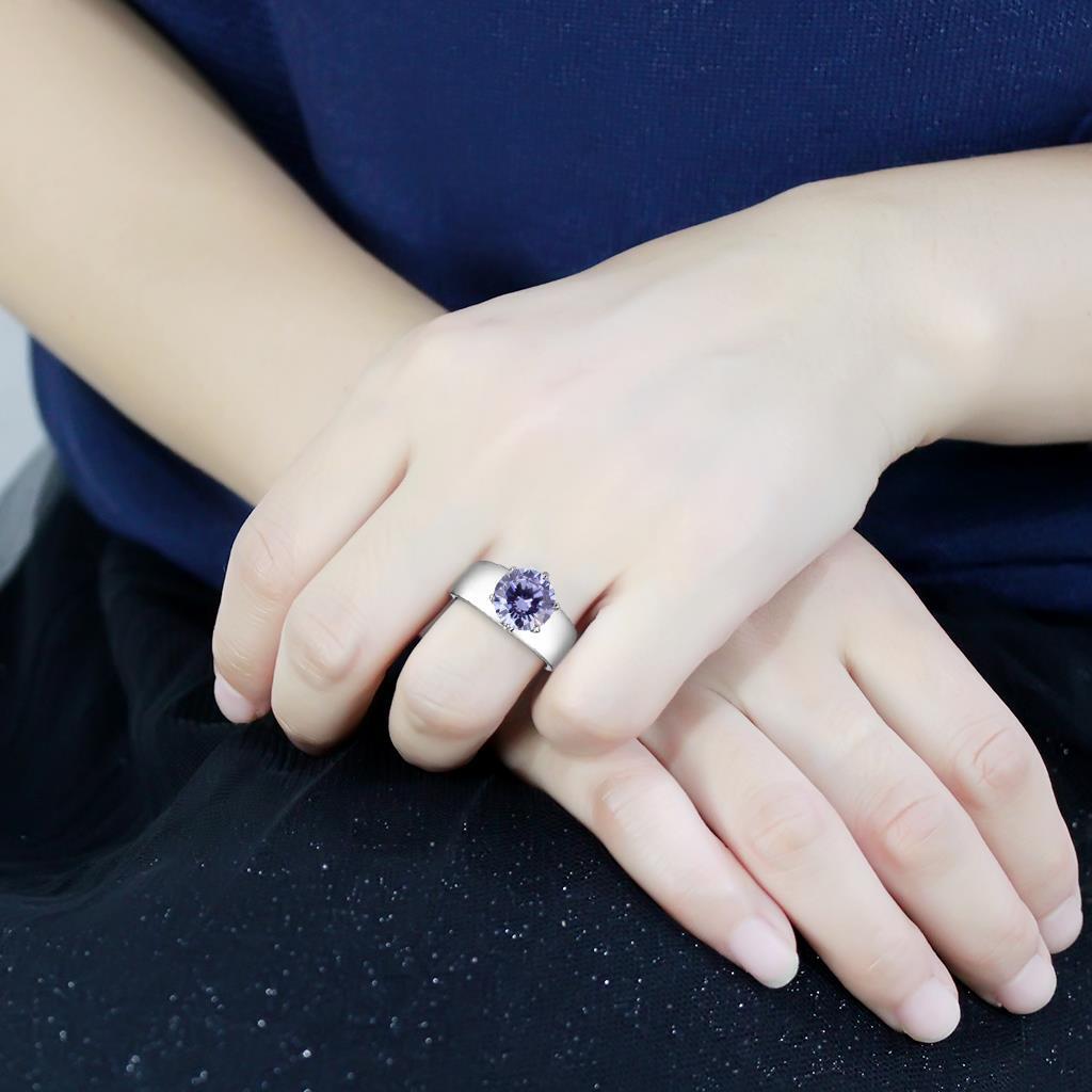 TK52006 - Stainless Steel Ring High polished (no plating) Women AAA Grade CZ Light Amethyst