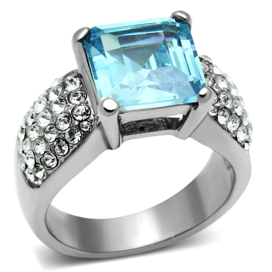 TK648 - Stainless Steel Ring High polished (no plating) Women Top Grade Crystal Sea Blue