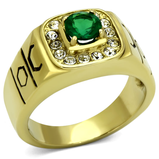 TK764 - Stainless Steel Ring IP Gold(Ion Plating) Men Synthetic Emerald