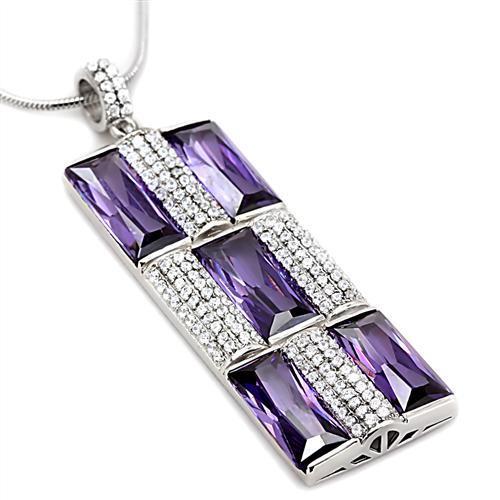 TS026 - 925 Sterling Silver Chain Pendant Rhodium Women AAA Grade CZ Amethyst