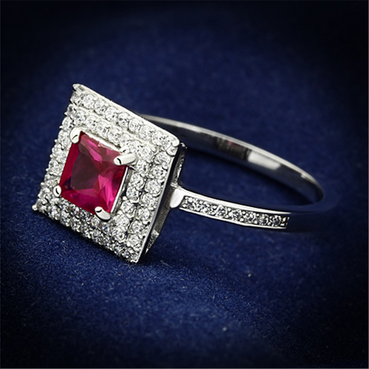 TS102 - 925 Sterling Silver Ring Rhodium Women Synthetic Ruby