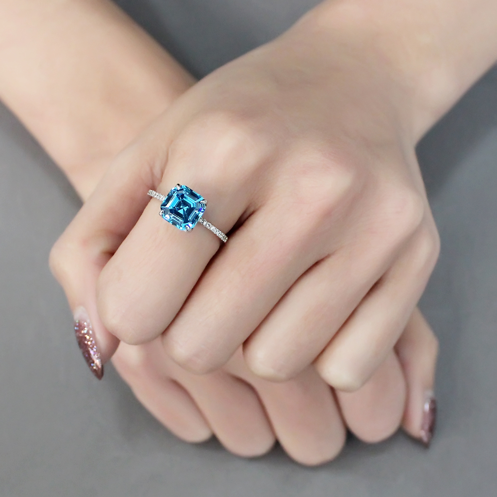 TS178 - 925 Sterling Silver Ring Rhodium Women Cubic Sea Blue