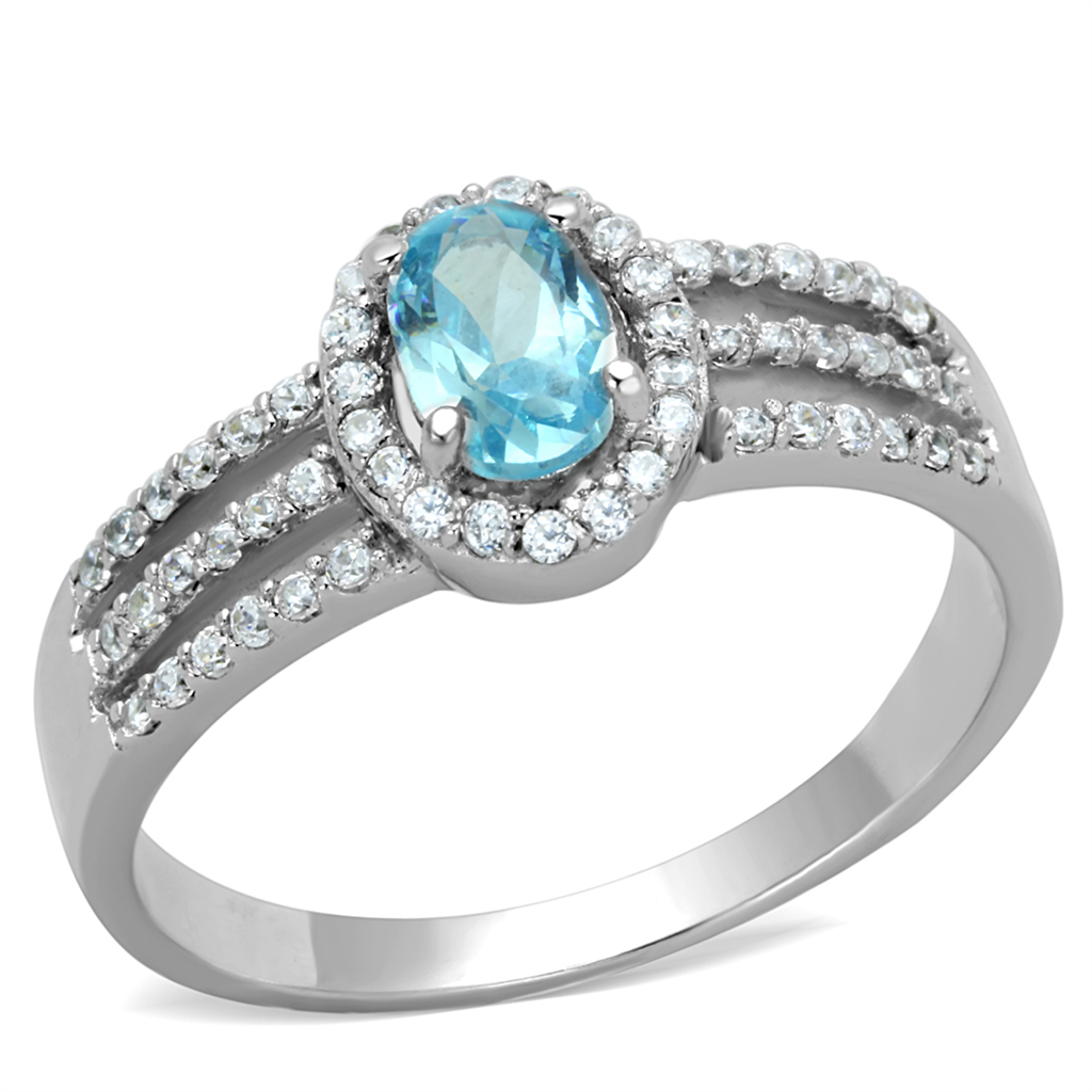 TS184 - 925 Sterling Silver Ring Rhodium Women AAA Grade CZ Sea Blue