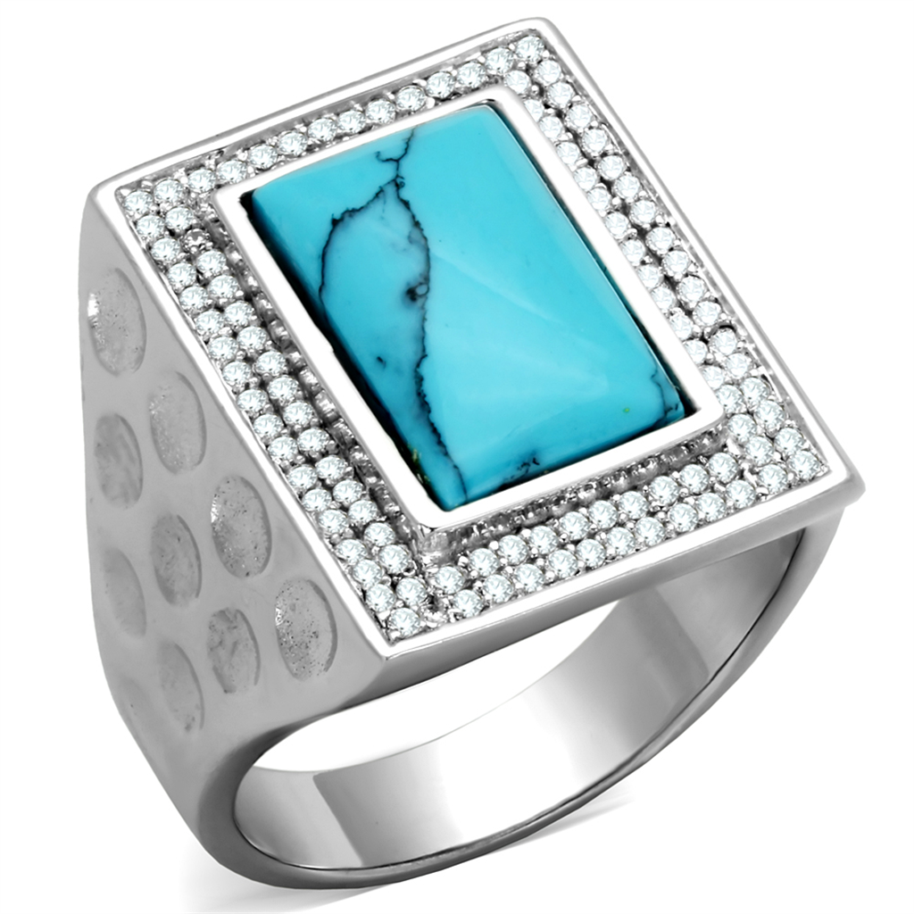 TS228 - 925 Sterling Silver Ring Rhodium Men Synthetic Sea Blue