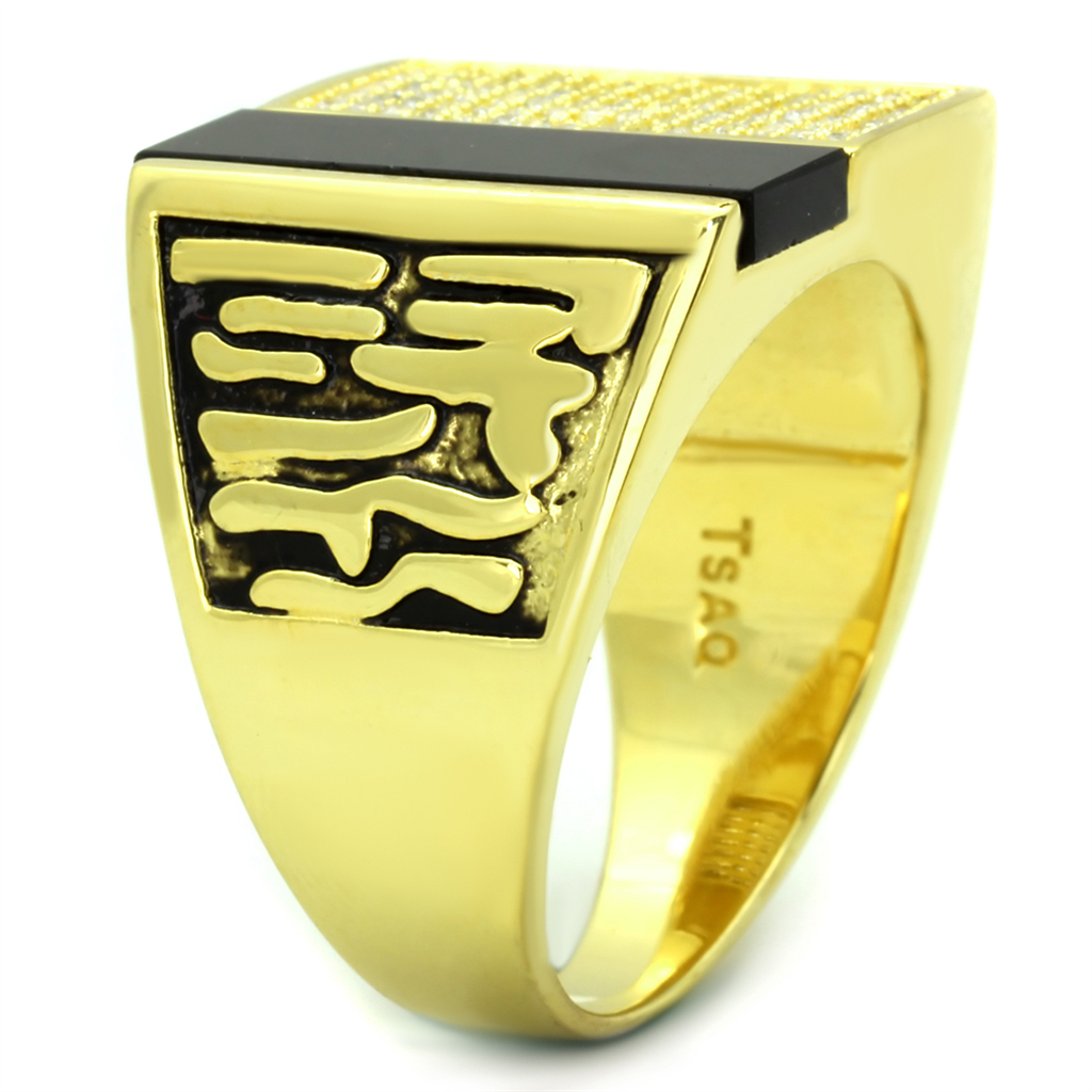 TS236 - 925 Sterling Silver Ring Gold Men Semi-Precious Jet