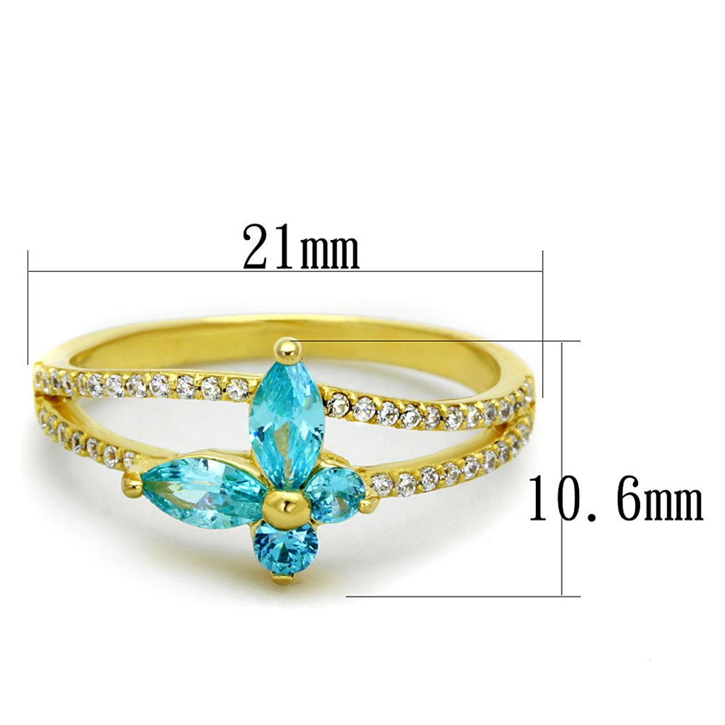 TS249 - 925 Sterling Silver Ring Gold Women AAA Grade CZ Sea Blue