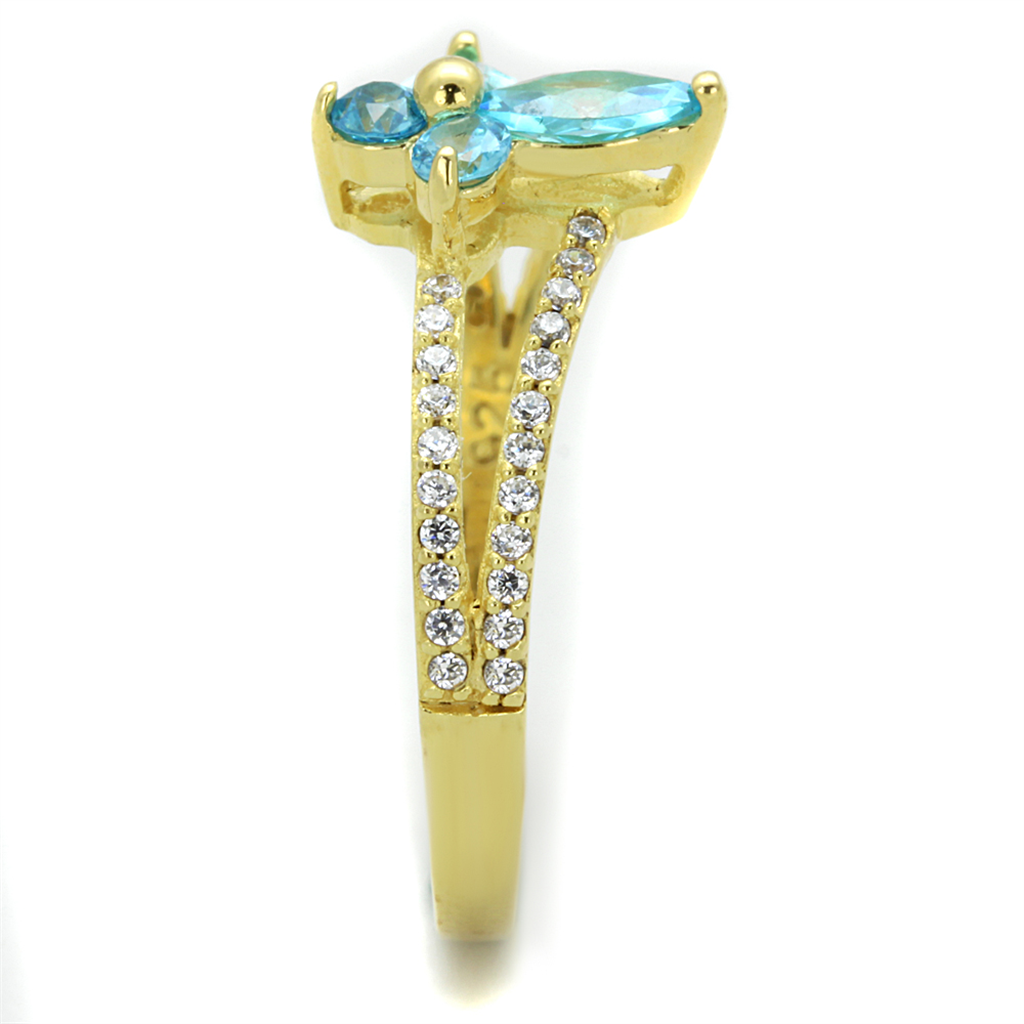 TS249 - 925 Sterling Silver Ring Gold Women AAA Grade CZ Sea Blue