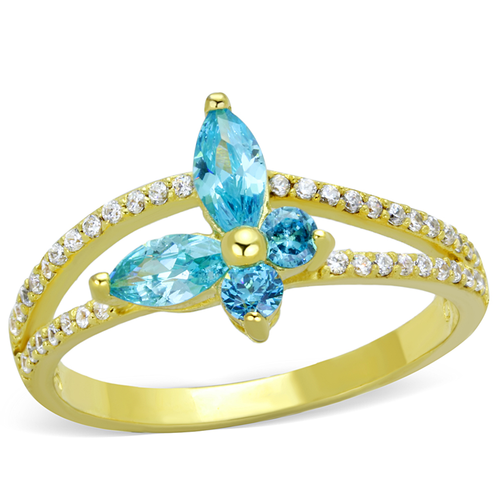 TS249 - 925 Sterling Silver Ring Gold Women AAA Grade CZ Sea Blue