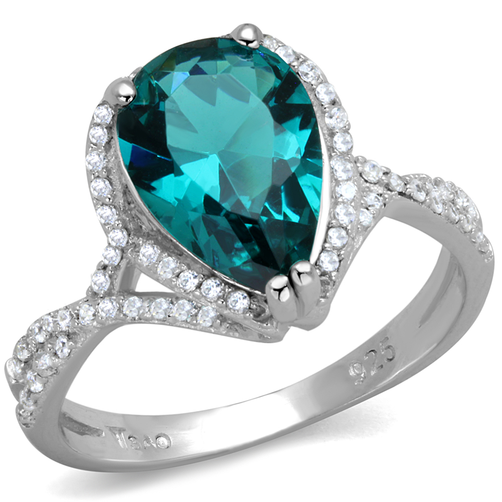 TS394 - 925 Sterling Silver Ring Rhodium Women Synthetic Blue Zircon